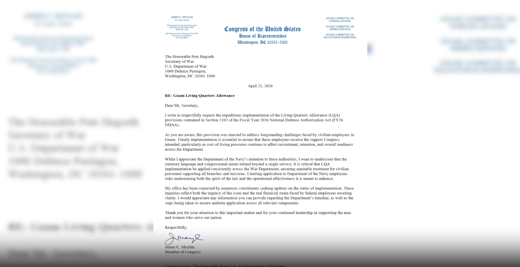 Moylan pushes War Department on Living Quarters Allowance for Guam's federal staffers