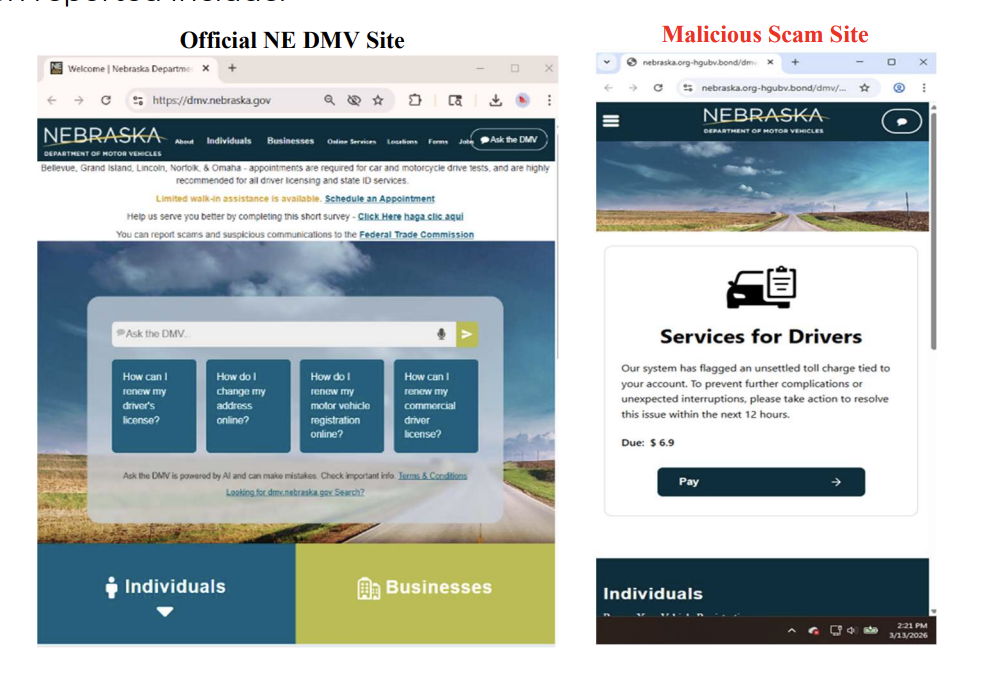 Situational awareness bulletin: Nebraska toll scam websites located  
